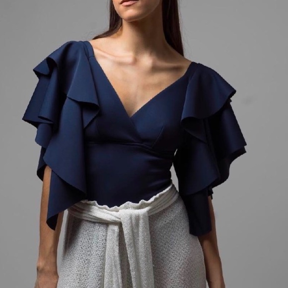 karla garzaro Tops - Karla Garzaro Elegant Navy Ruffle bodysuit